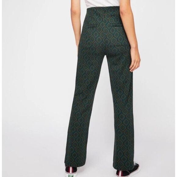 Free People Women’s Boho Stretch Flare Pants Size 10 – Green Geometric Print - Picture 2 of 11